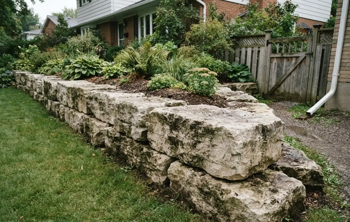 A low retaining wall of large rough quarried limestone blocks holding back a planted bed