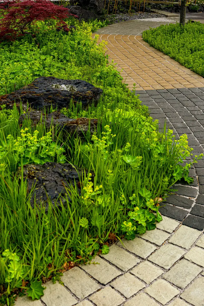 A tan paver path edged with a darker course where it meets a planted bed