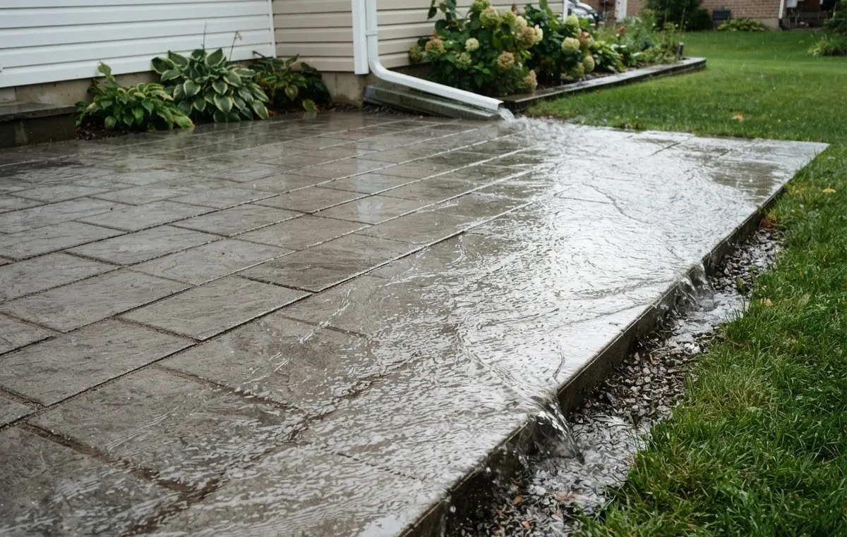 Rainwater sheeting across a paver patio and spilling off the edge into a gravel strip