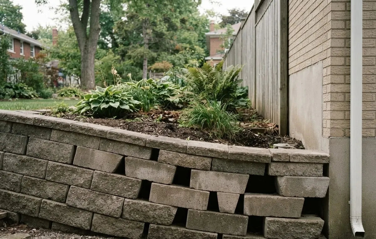 A segmental block retaining wall bulging outward with the joints between courses opened