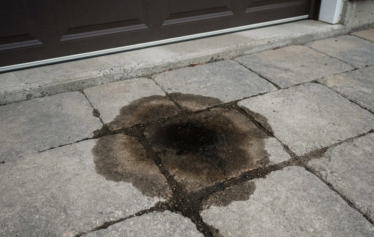 A dark oil stain soaked into the pavers in front of a garage door
