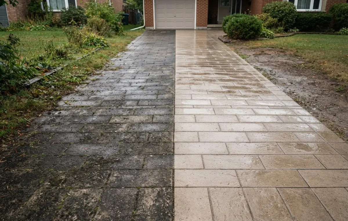 A paver driveway half washed clean and half still dark, with a hard line between them
