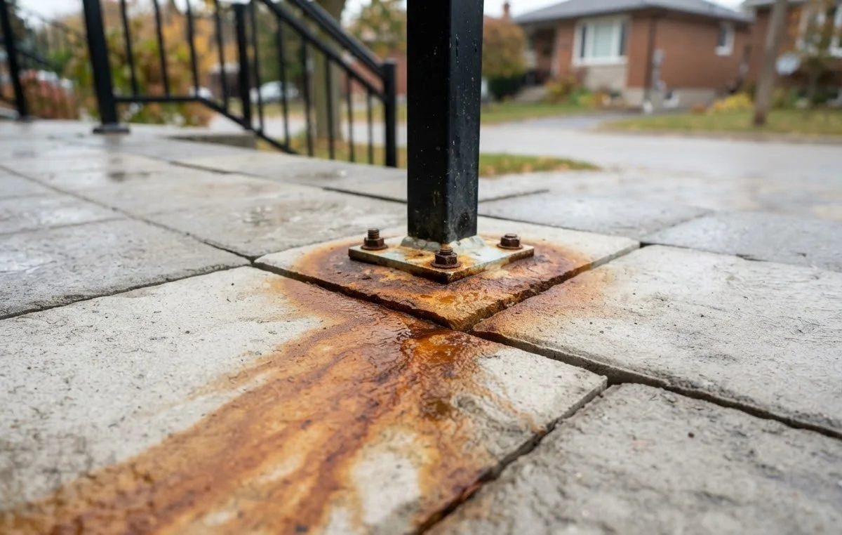 An orange rust stain running from the bolted foot of a handrail post across pale pavers