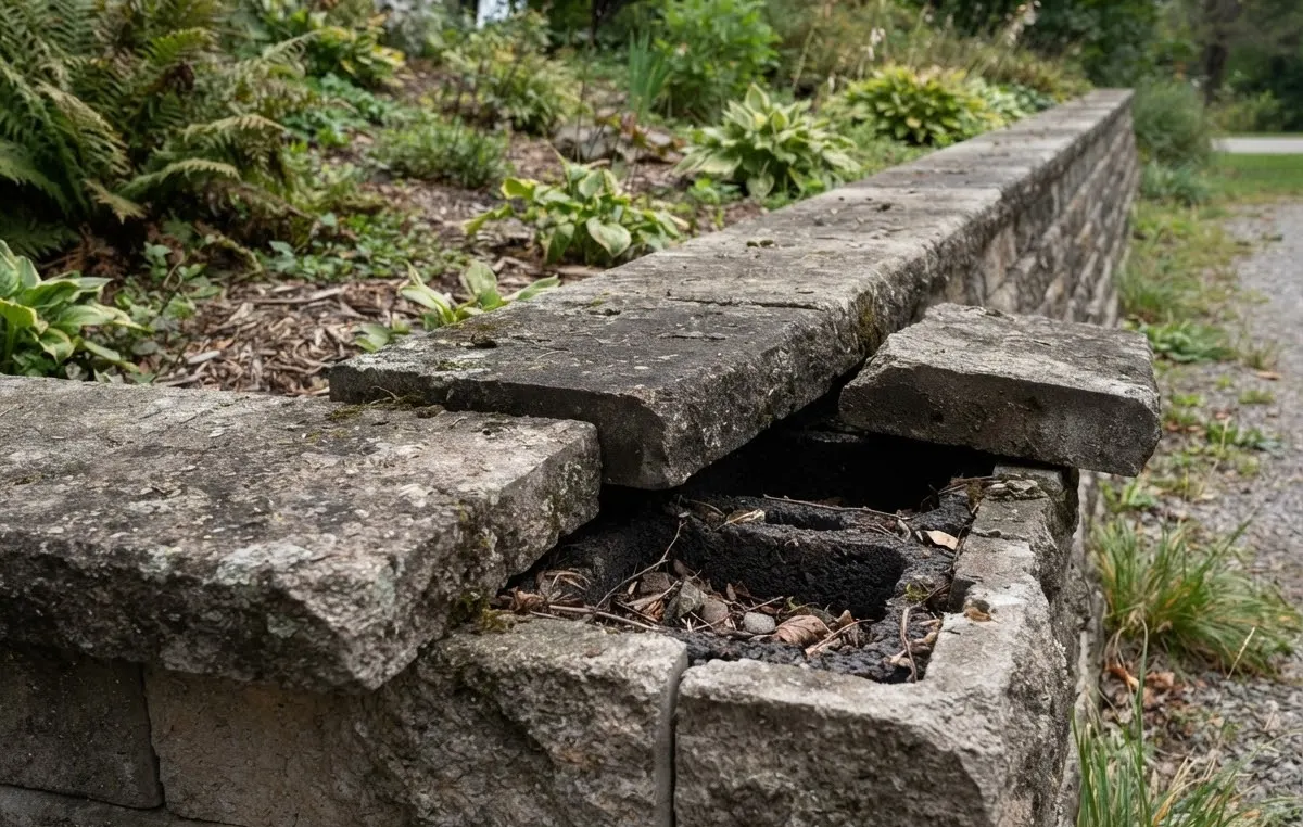 A wall top where the cap stones have shifted out of line and one is missing, leaving the core open
